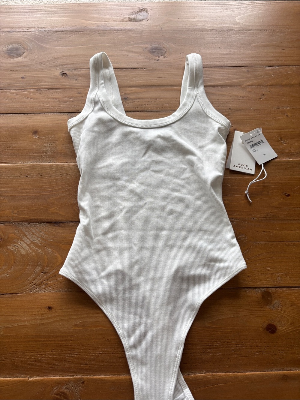 Good American White Ribbed Tank One-Piece Bodysuit